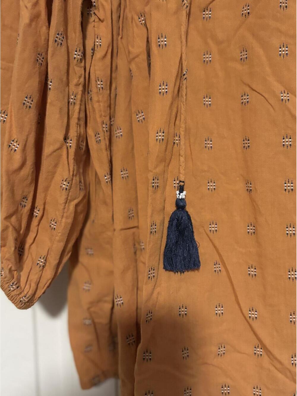 Tantrums Blouse Womens XXL Mustard Embroidered Boho Peasant Tassel Folk Top - Picture 7 of 10